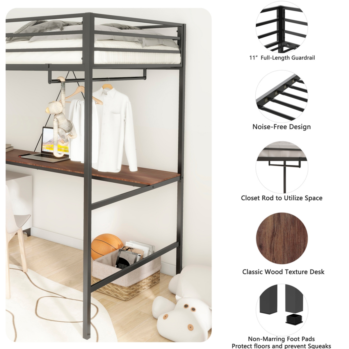 Simplie Fun Adam Sturdy Twin Loft Bunk Black with Cinnamon Wood Desk and Closet Rod for Adult and Kids, and Easy Climbing with Sturdy Ladder, Space Sa