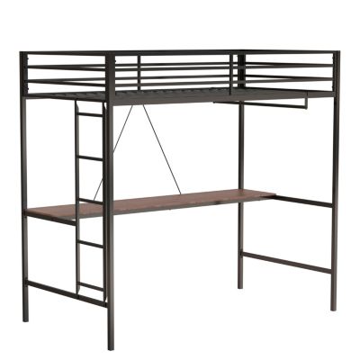  Adam Twin Loft Bunk Black with Cinnamon Wood Desk and Closet Rod