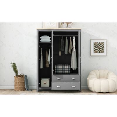Streamdale Three Door Storage Wardrobe with Cabinets and Two Hanging Rods, Gray