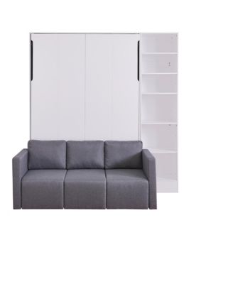 Full Size Murphy Bed Wall Bed with Sofa, with Shelves, White