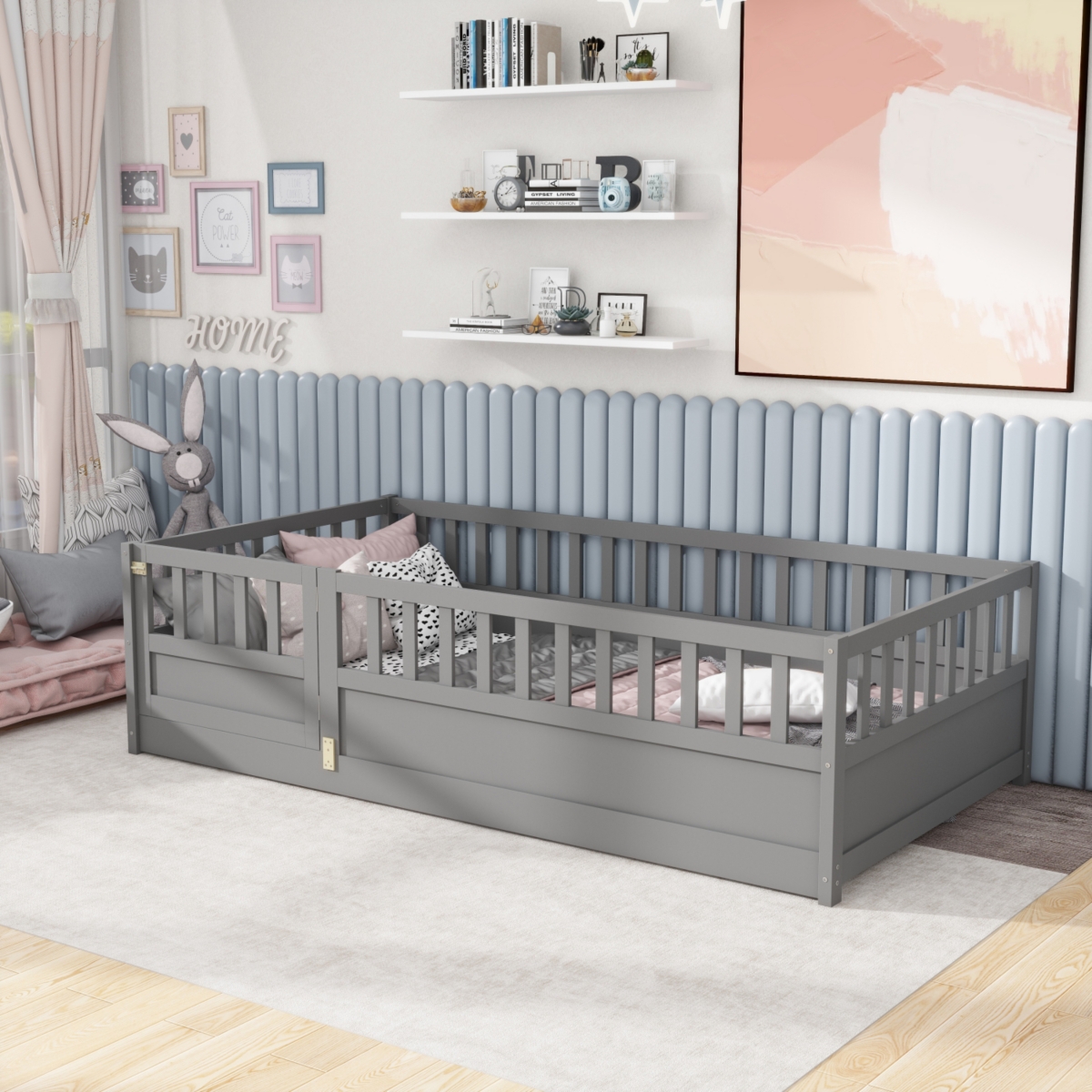 Streamdale Twin Floor Bed with Barrier and Door, Montessori Wooden Frame in Grey