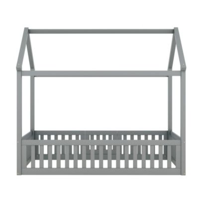 Streamdale Twin Size Wood House Bed with Fence and Door, Gray