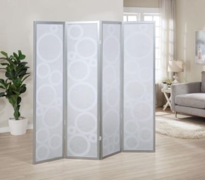 4-Panel Wood Room Divider with Circle Pattern, Silver