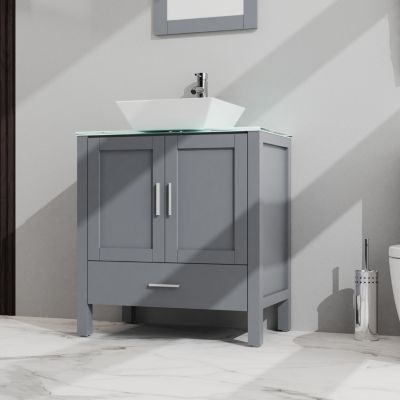 Streamdale 30" Bathroom Vanity and Sink Combo Glass Top Cabinet w/Mirror, Gray