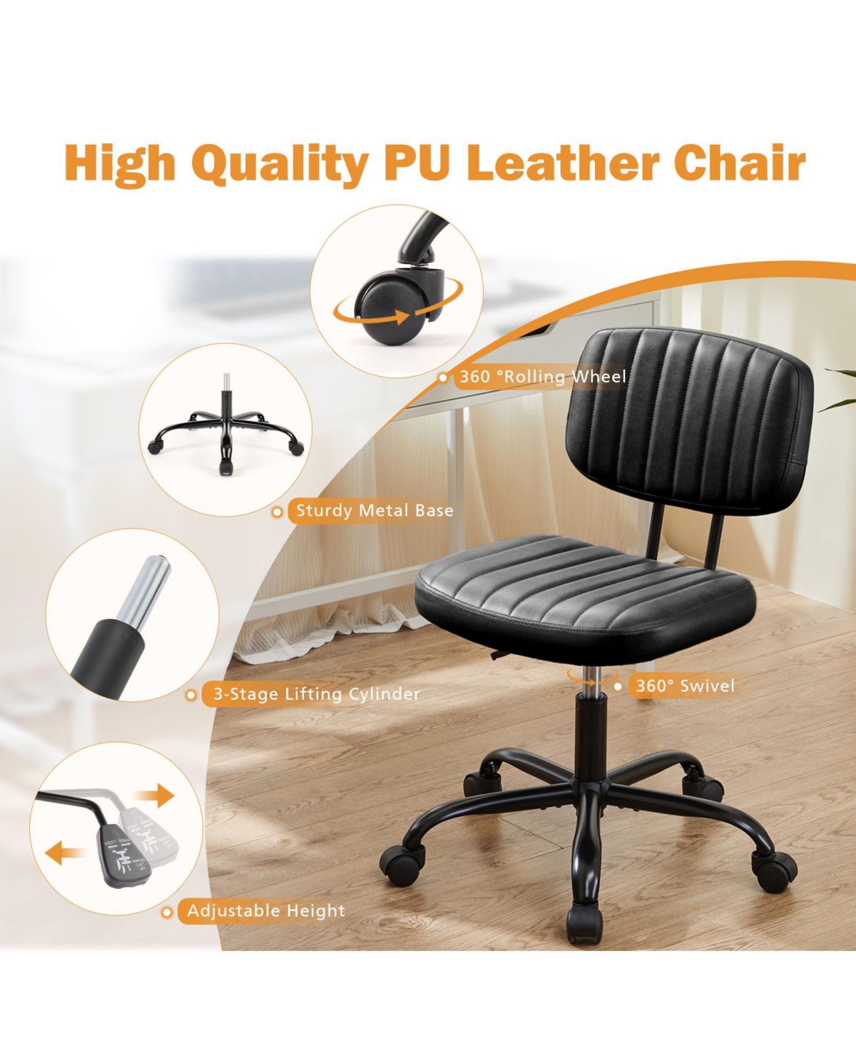 Streamdale Furniture Pu Leather Low Back Task Chair Small Home Office Chair with Wheels