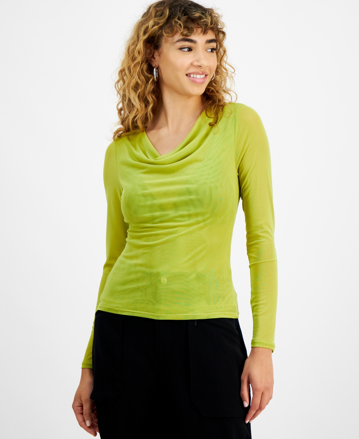 Bar Iii Women's Cowlneck Long-Sleeve Mesh Top, Created for Macy's