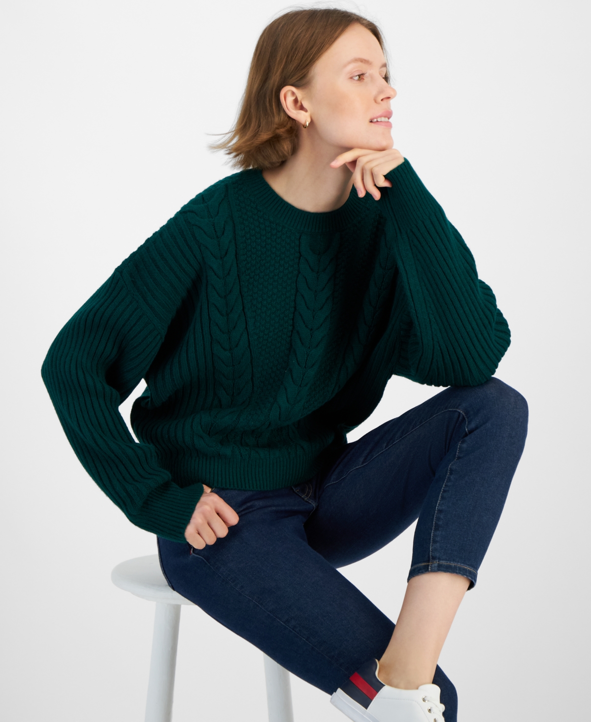 Women's Ribbed Cable-Knit Sweater - Forest