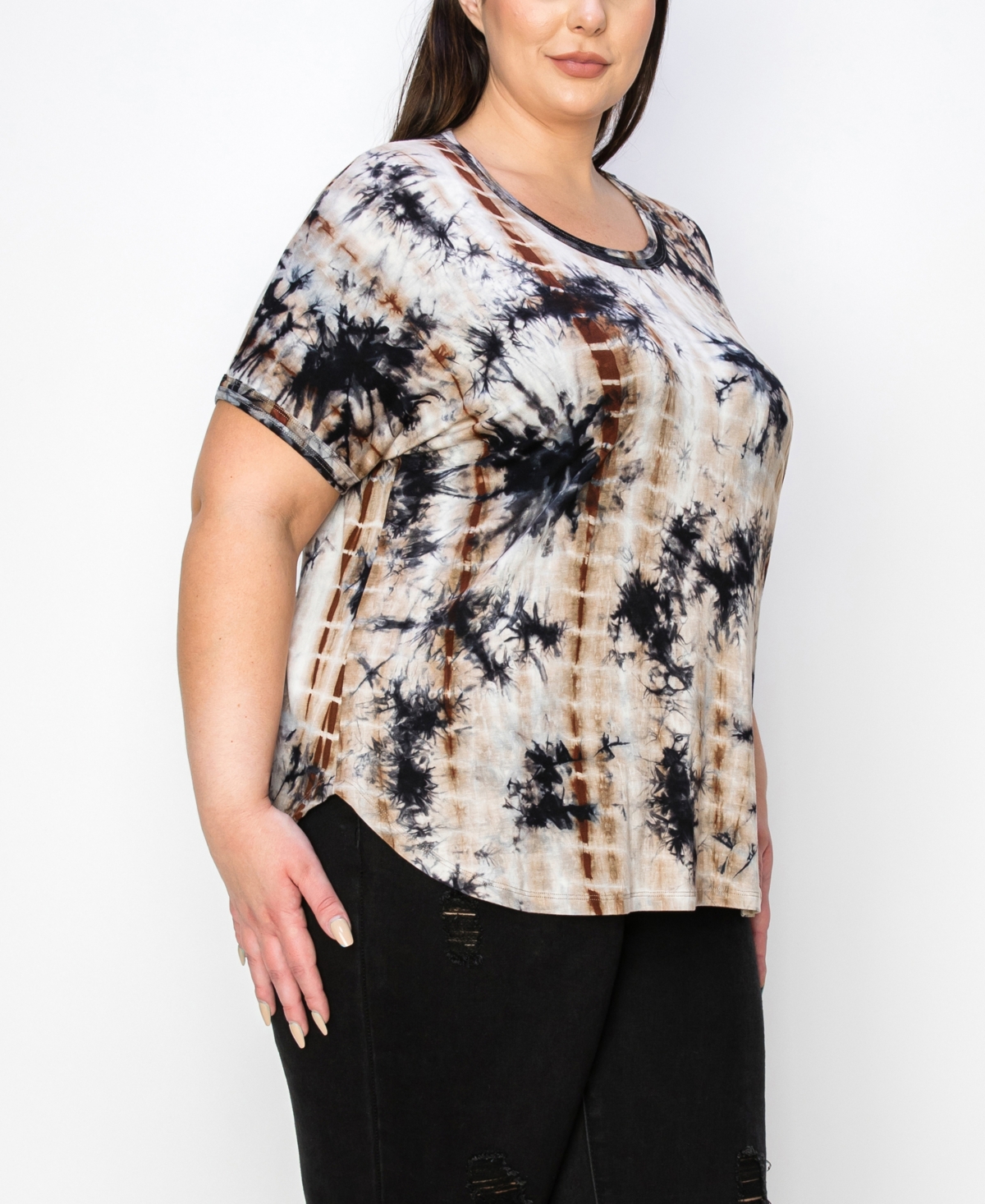 Coin 1804 Plus Size Tie Dye Short Sleeve Top -Brown
