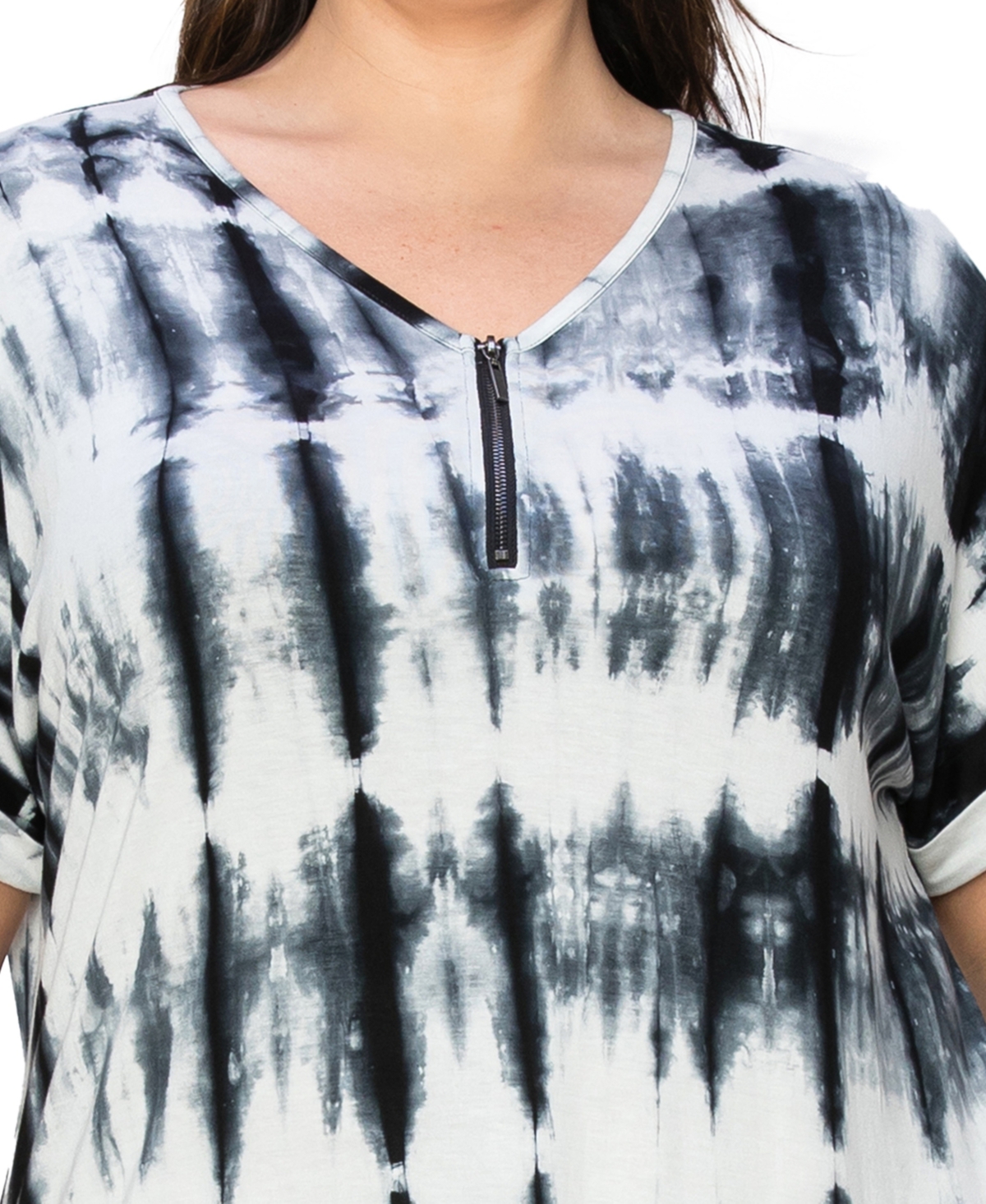 Coin 1804 Plus Size Tie Dye V-Neck Dolman Roll Sleeve Top -Black