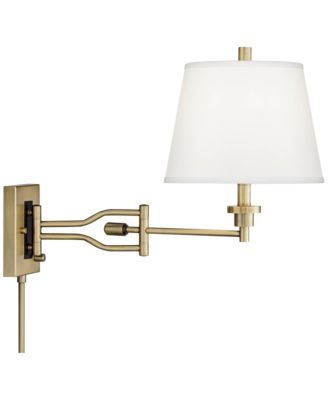 Eleganta Swing Arm Wall Lamp with Cord Cover Brushed Satin Brass Plug-in Light Fixture White Linen Empire Shade for Bedroom Living Room