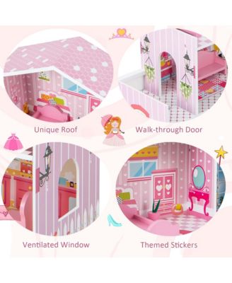 Kids Wooden Dollhouse Playset with 5 Simulated Rooms & 10 Pieces of Furniture