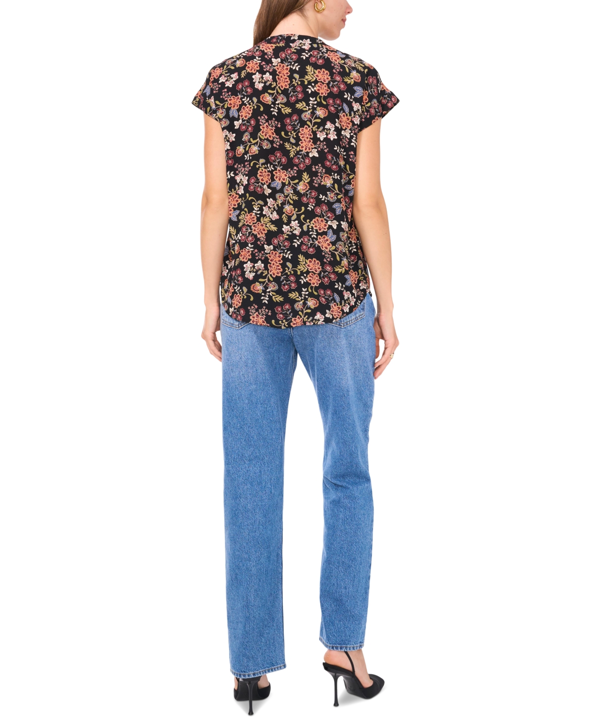 Vince Camuto Women's Floral-Print Split-Neck Short-Sleeve Blouse