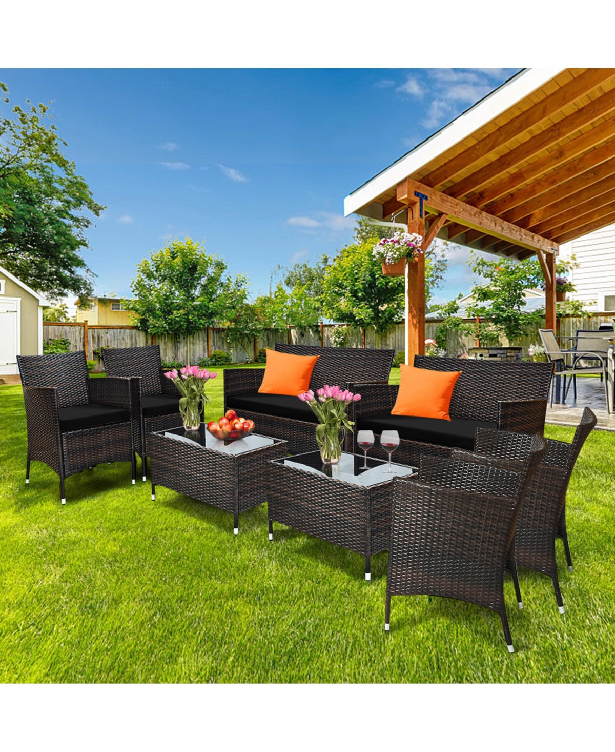 Gymax 8PCS Patio Rattan Conversation Furniture Set Outdoor w/ Red Cushion - Black+mix brown