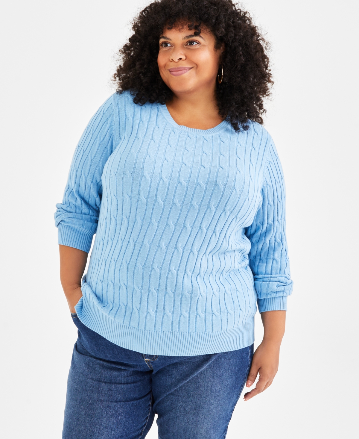 Style & Co Plus Size Cotton Cable-Knit Crewneck Sweater, Created for Style & Co