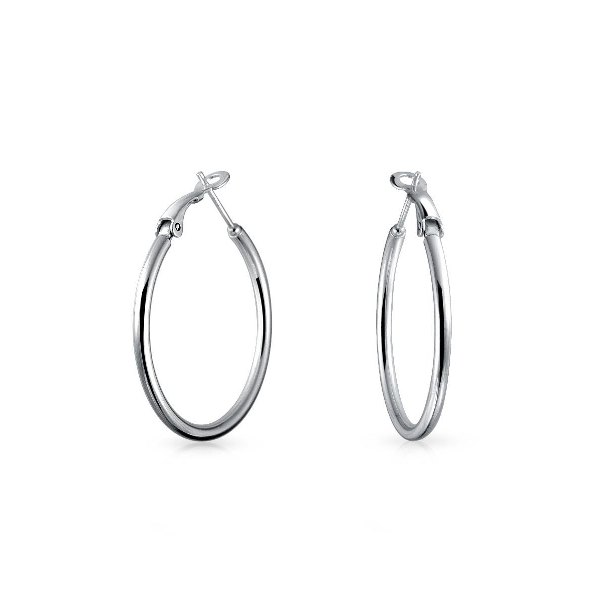 Simple Plain Polished Finish Round Tube Hoop Earrings For Women .925 Sterling Silver Hinged Notched Post 1.4 Inch Diameter - Silver
