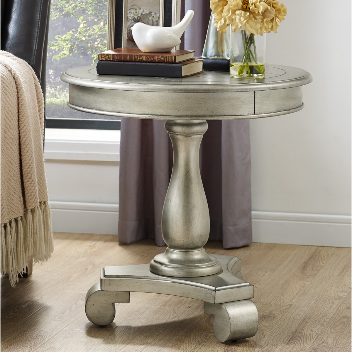 Simplie Fun Round Wood Pedestal Side Table, Champagne