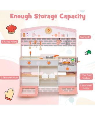 2 in 1 Kids Play Kitchen & Restaurant Double-Sided Pretend Playset with Canopy