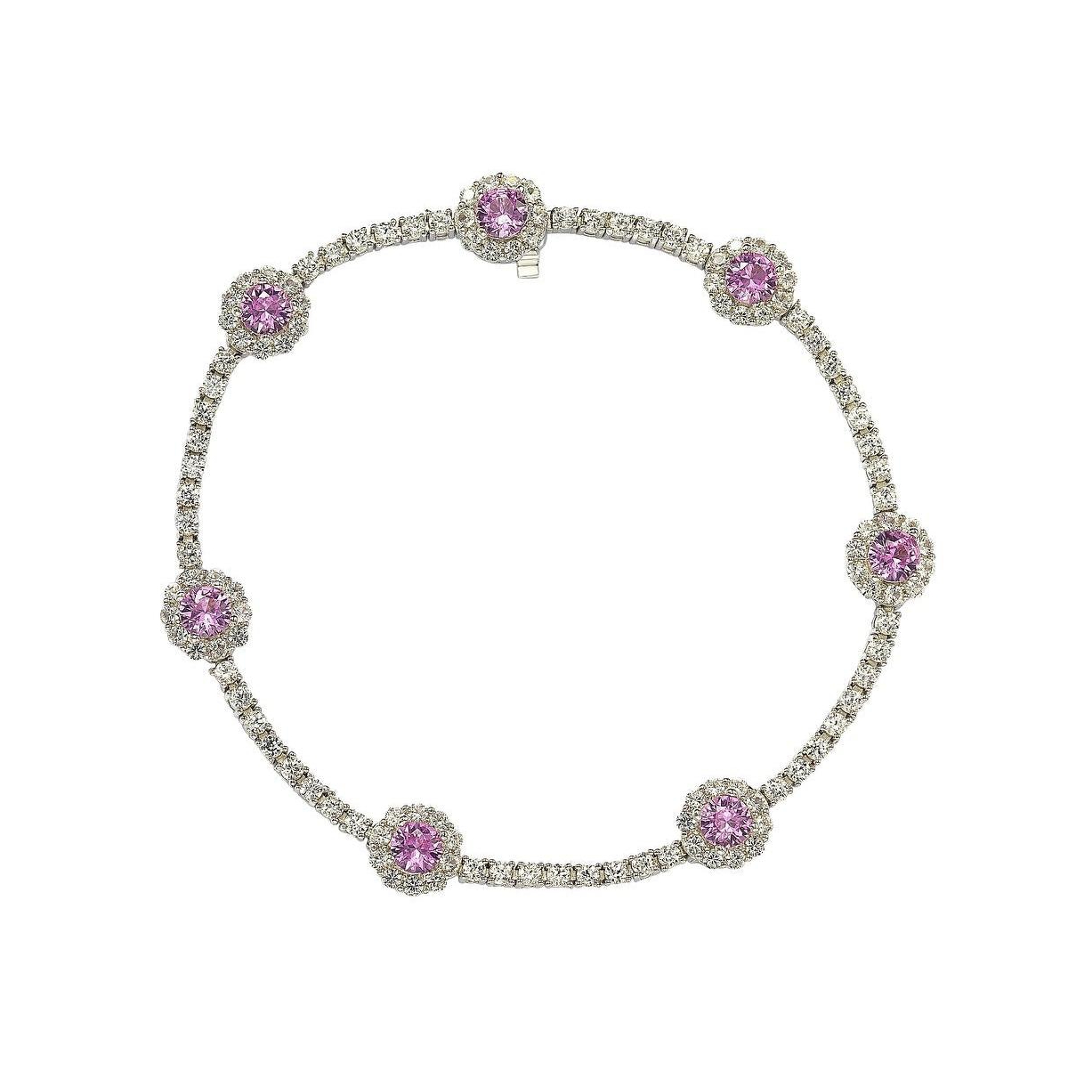 Suzy Levian Sterling Silver Sapphire & Created White Sapphire Round Halo Pave Tennis Bracelet - Pink sapphire