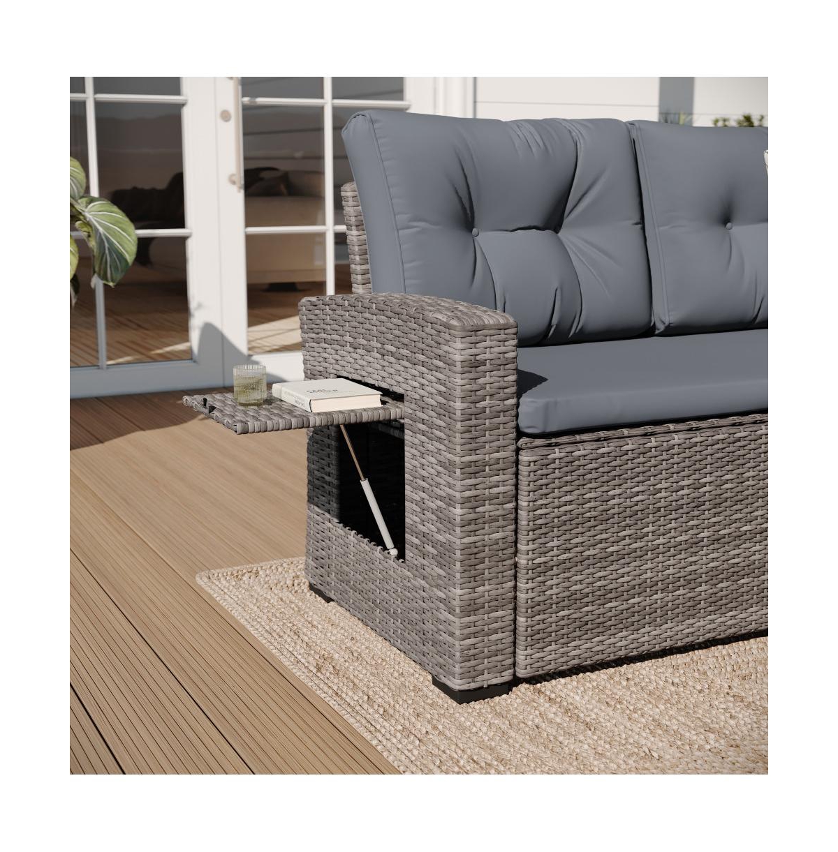 Merrick Lane Shelton Indoor/Outdoor L-Shaped Sofa/Dining Table Conversation Set With Wicker Rattan Construction And Weather-Resistant Cushions - Gray