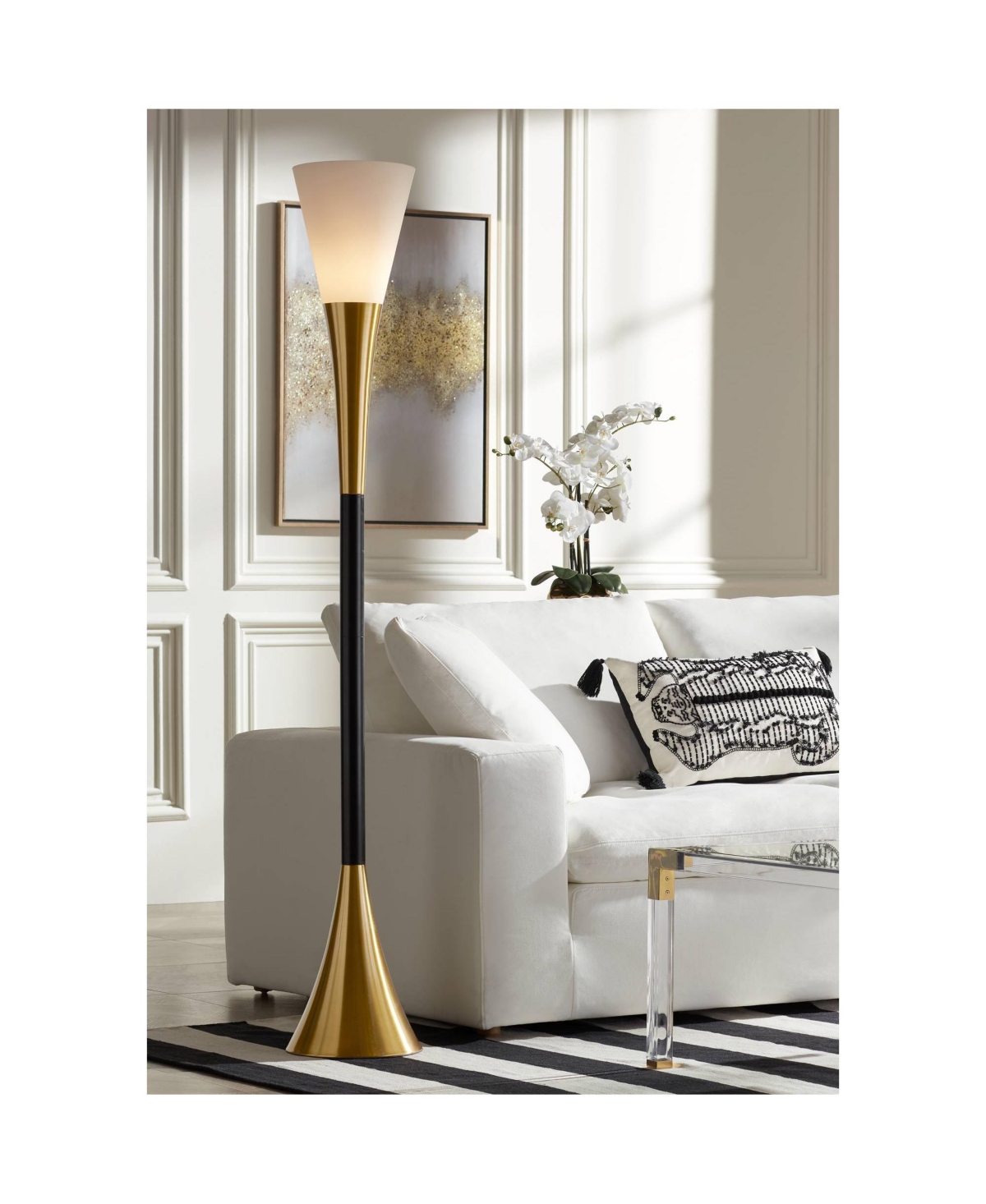 Possini Euro Design Piazza Mid Century Modern Glam Style Torchiere Floor Lamp TallAntique Brass Metal White Glass Shade for Living Room R