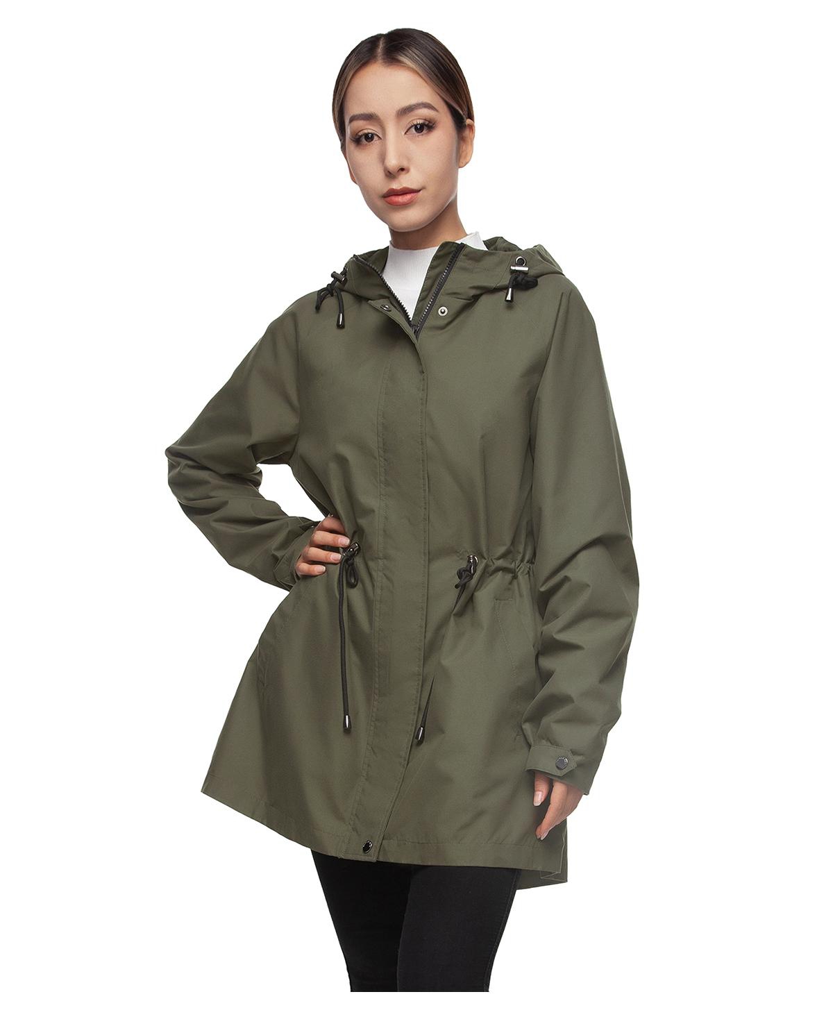 Women's Water-Resistant Hooded Anorak Rain Jacket Trench Coat - Black