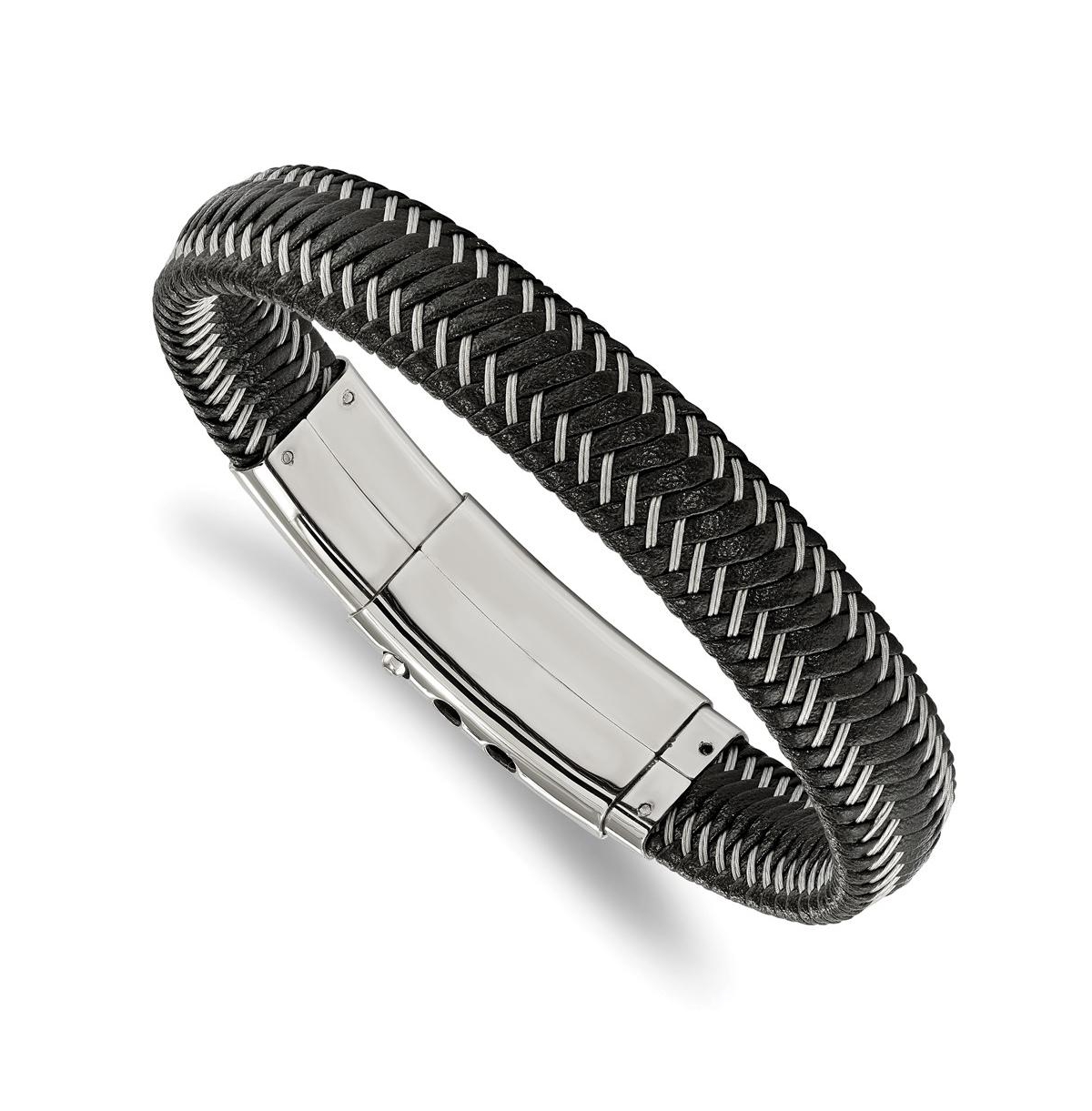 Stainless Steel Braided Wire Black Leather Adjustable Bracelet