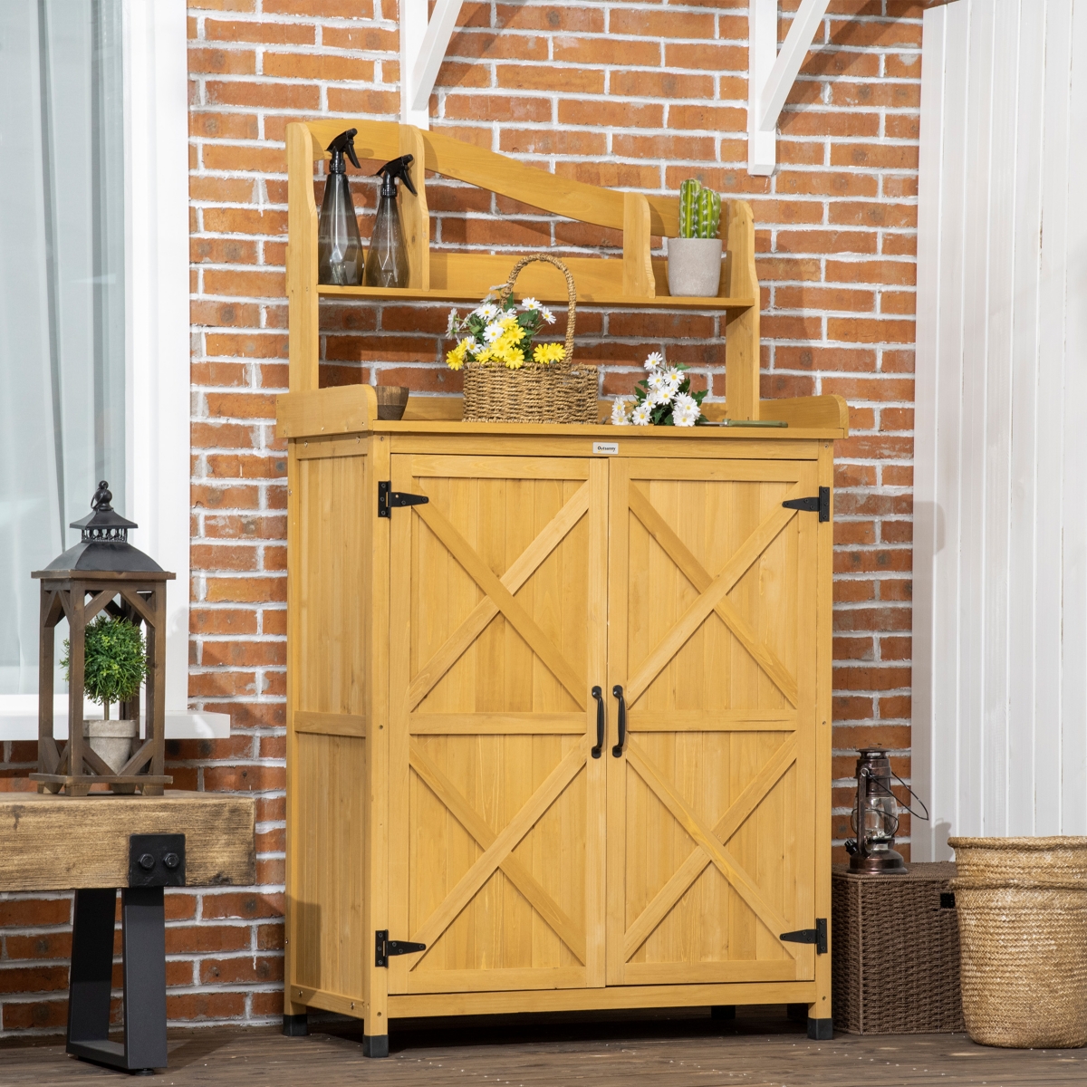 Outsunny Outdoor Storage Cabinet & Potting Table, Gardening Bench,- Yellow