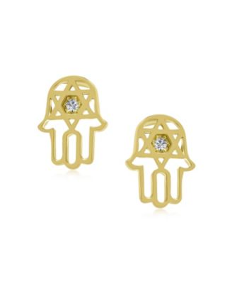 Tiny Petite Judaic Jewelry CZ Accent14K Yellow Gold Hamsa Hebrew Star Of David Judaic Stud Earrings For Women For Bat Mitzvah Secure Screw Back