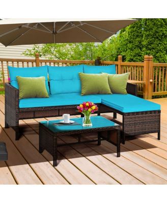 3 Pieces Outdoor Patio Corner Rattan Sofa Set-Turquoise
