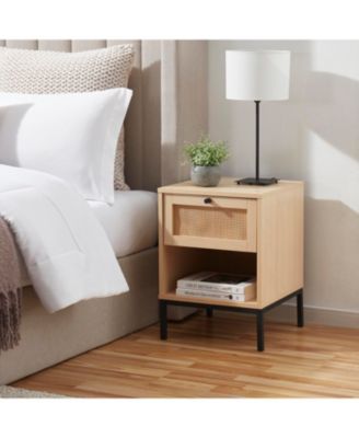 1 Pc Wood Rattan Nightstand, 1-Drawer with Open Shelf