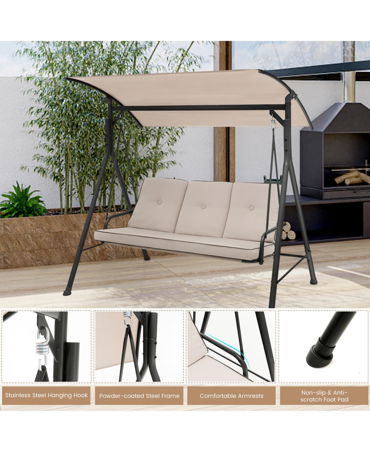 Slickblue 3-Person Outdoor Patio Porch Swing with Adjustable Canopy and 900 Lbs Weight Capacity