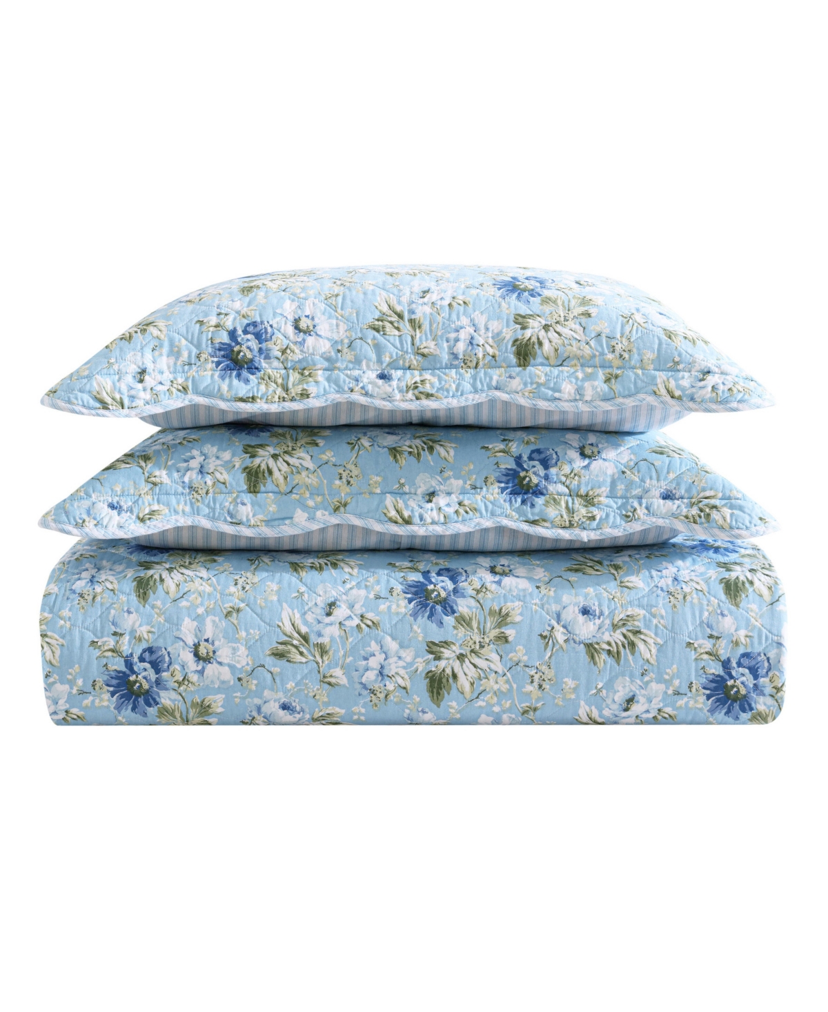 Laura Ashley Peony Garden Reversible 2 Piece Quilt Set, Twin In Light Blue,green
