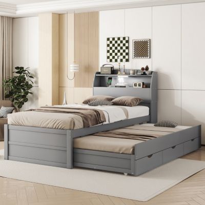 Streamdale Twin Wooden LED Platform Bed with Storage & Trundle
