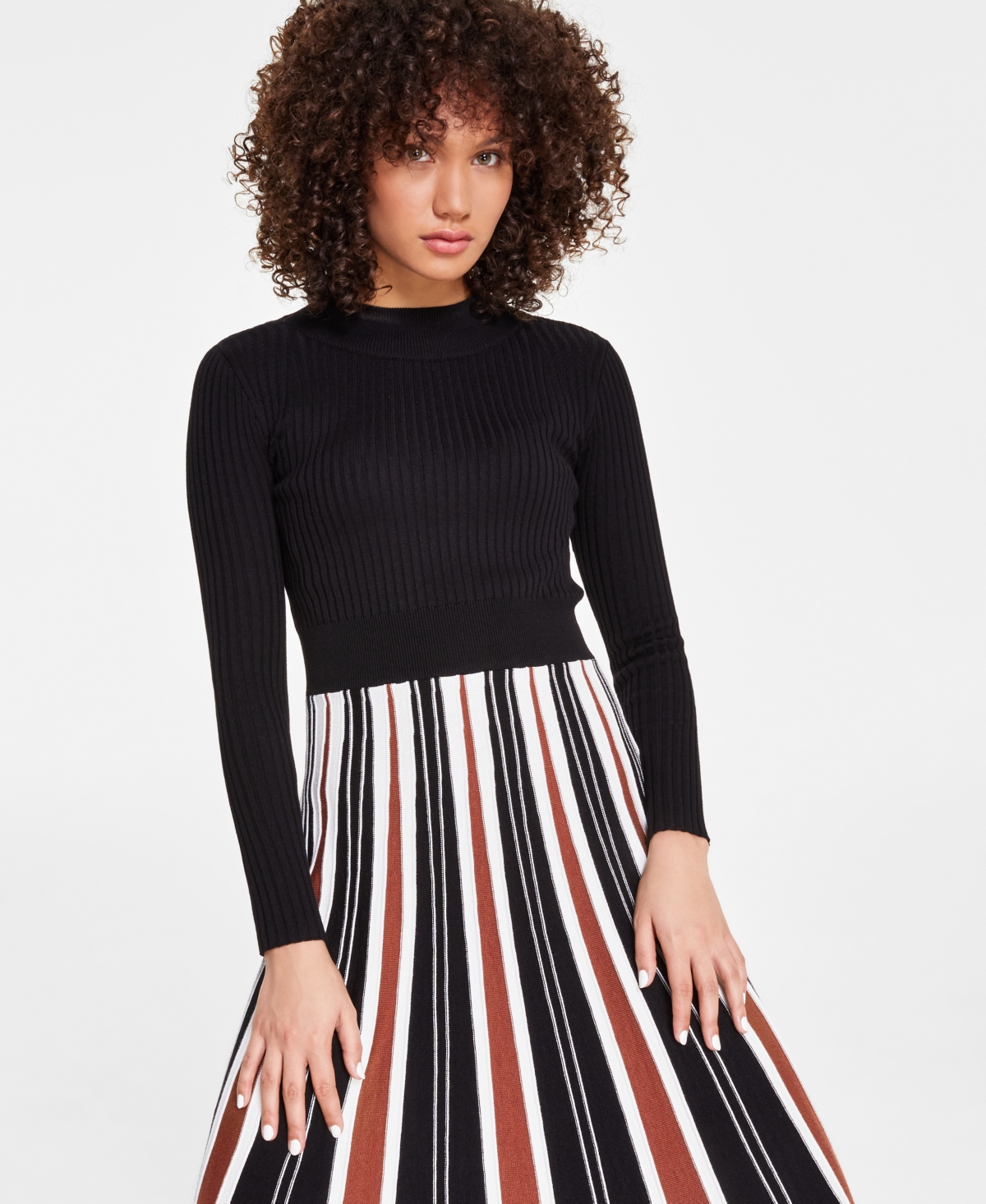 Robbie Bee Women's Long Sleeve Ribbed Knit Sweater Dress -Brown