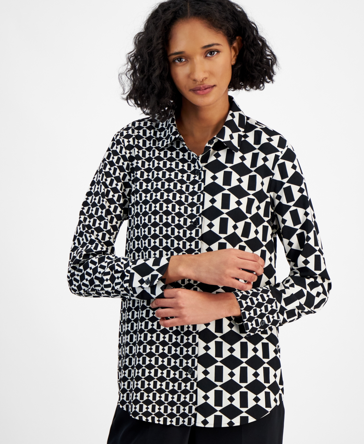 Bar Iii Women's Printed Colorblocked Button-up Shirt, Created For Macy's In Black,bar White