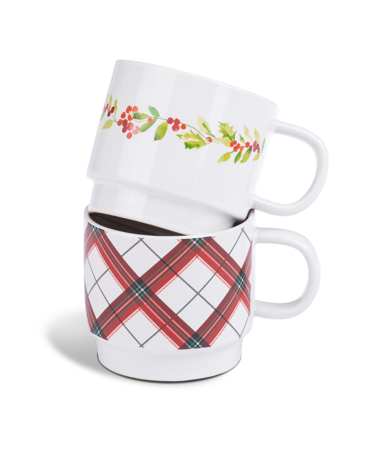 Thirstystone Stackable Mugs With Holly Berry & Plaid, Set Of 2 In Multi