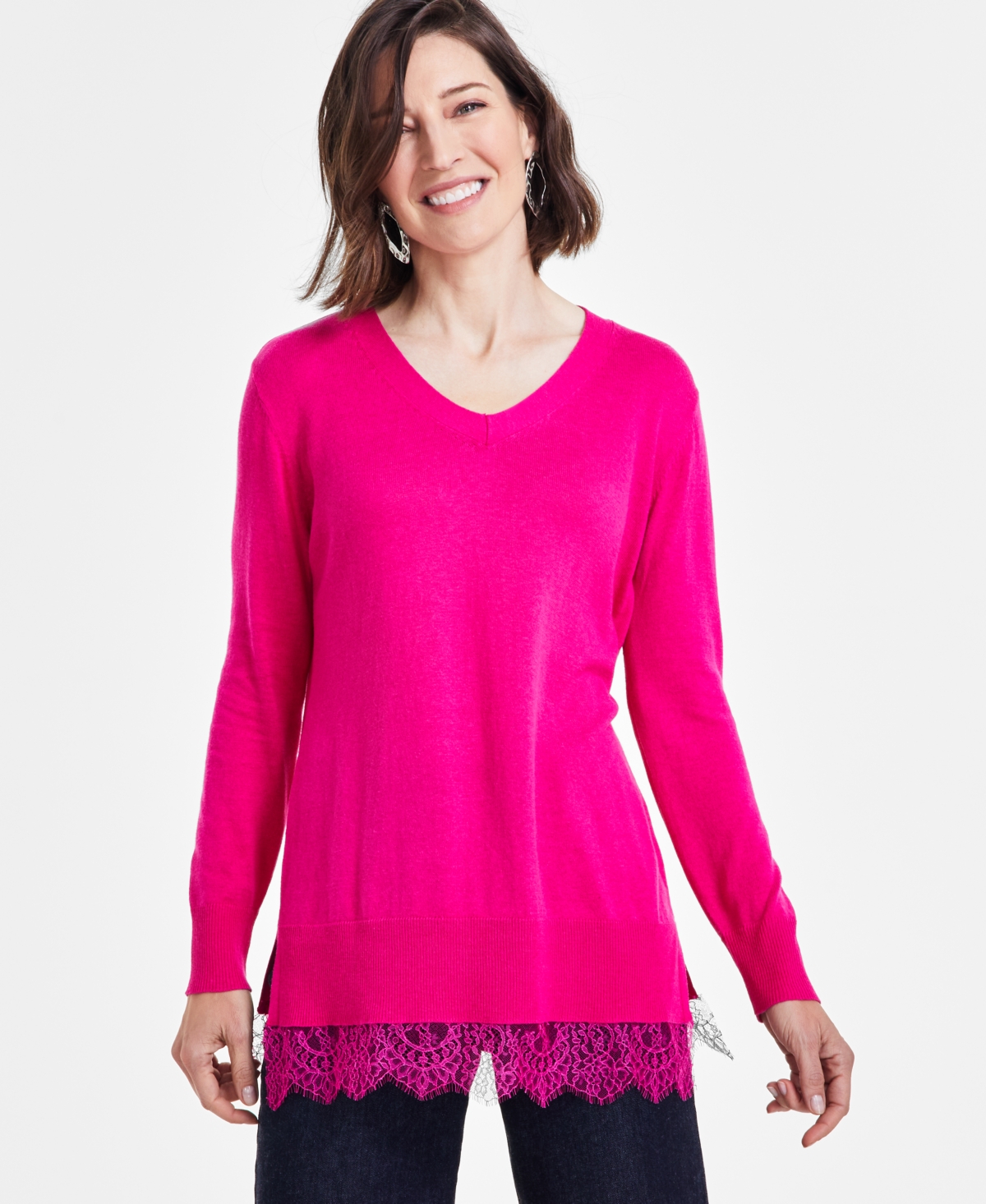 Women's Lace-Trim Tunic Sweater, Created for Macy's - Pink Tutu