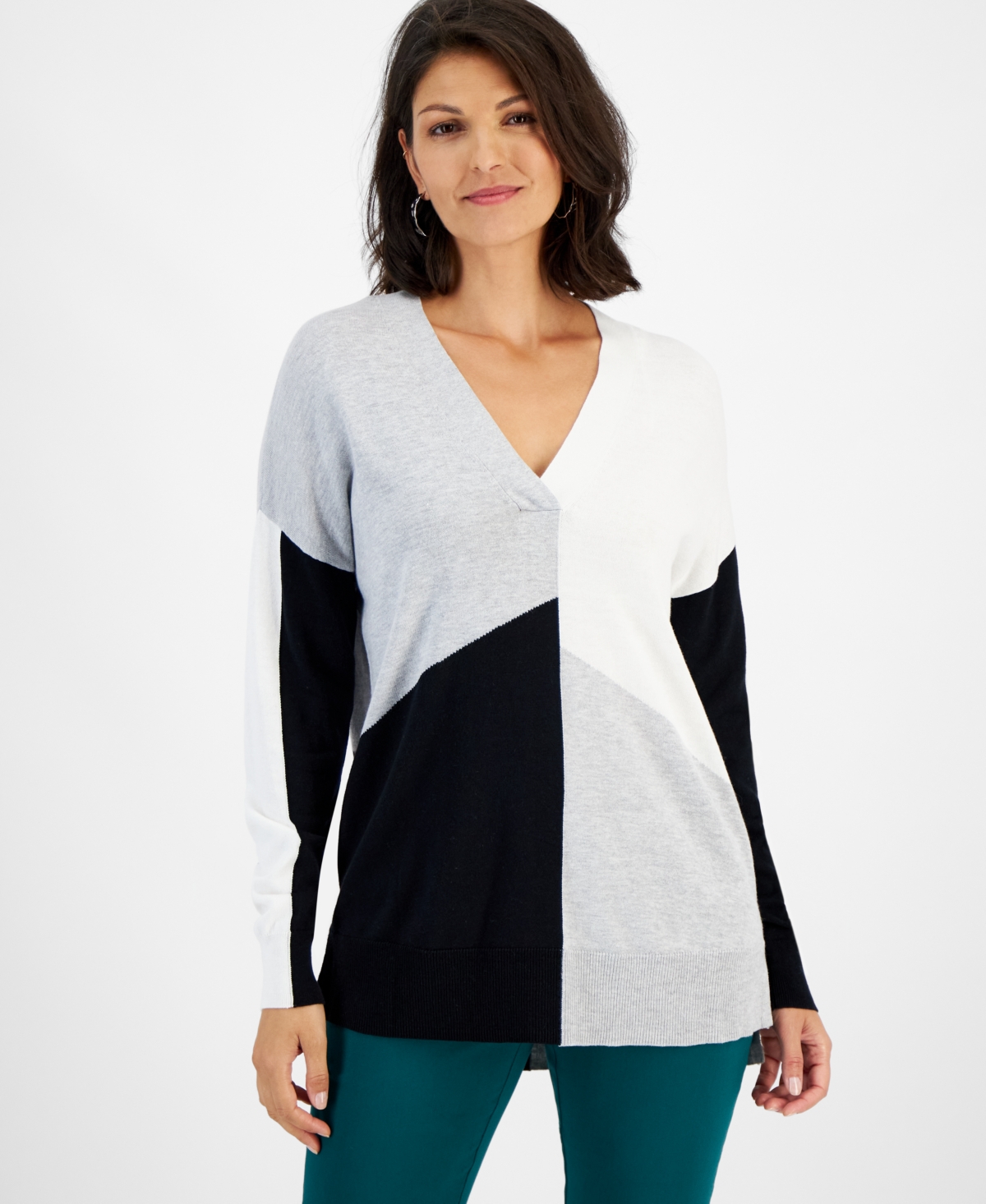 I.n.c. International Concepts Women's Colorblocked V-Neck Stephem Sweater, Created for Macy's