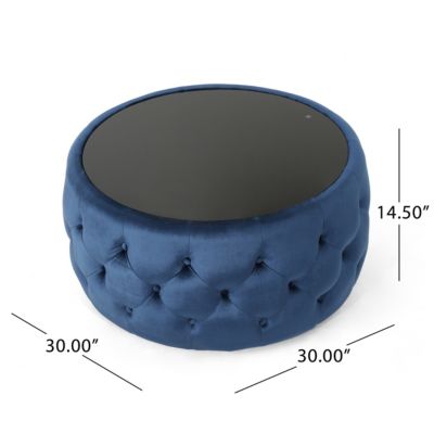 Modern Glam Velvet Button-Tufted Glass-Top Ottoman