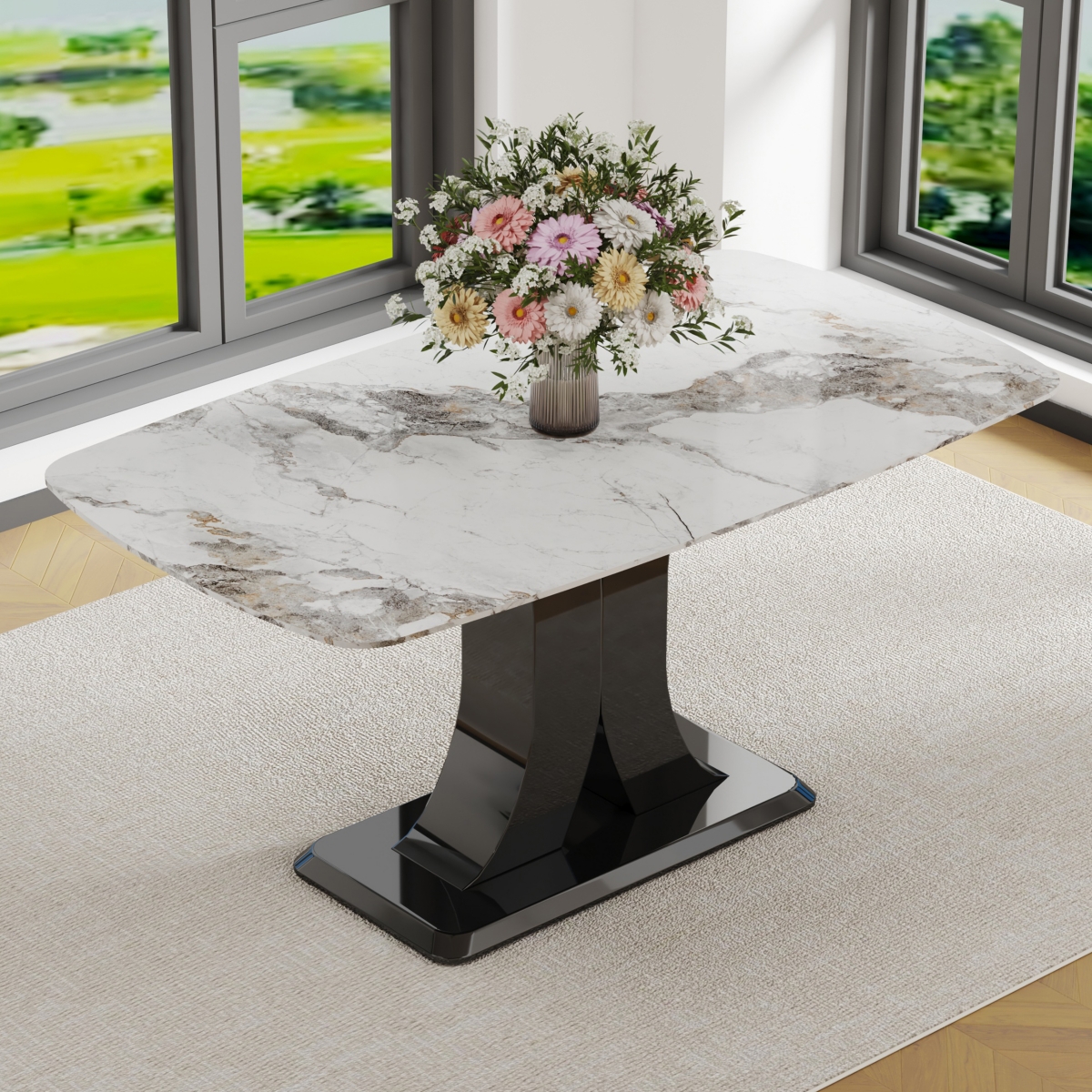 Streamdale Furniture Luxurious Faux Marble Dining Table with Modern X-Shaped Base - White+black