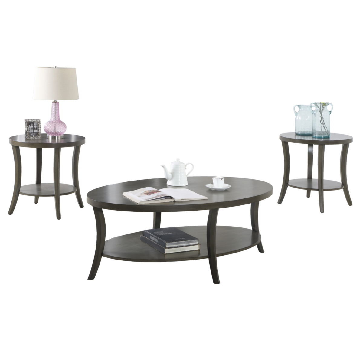 Streamdale Furniture Perth Contemporary Oval Shelf Coffee Table Set, Gray