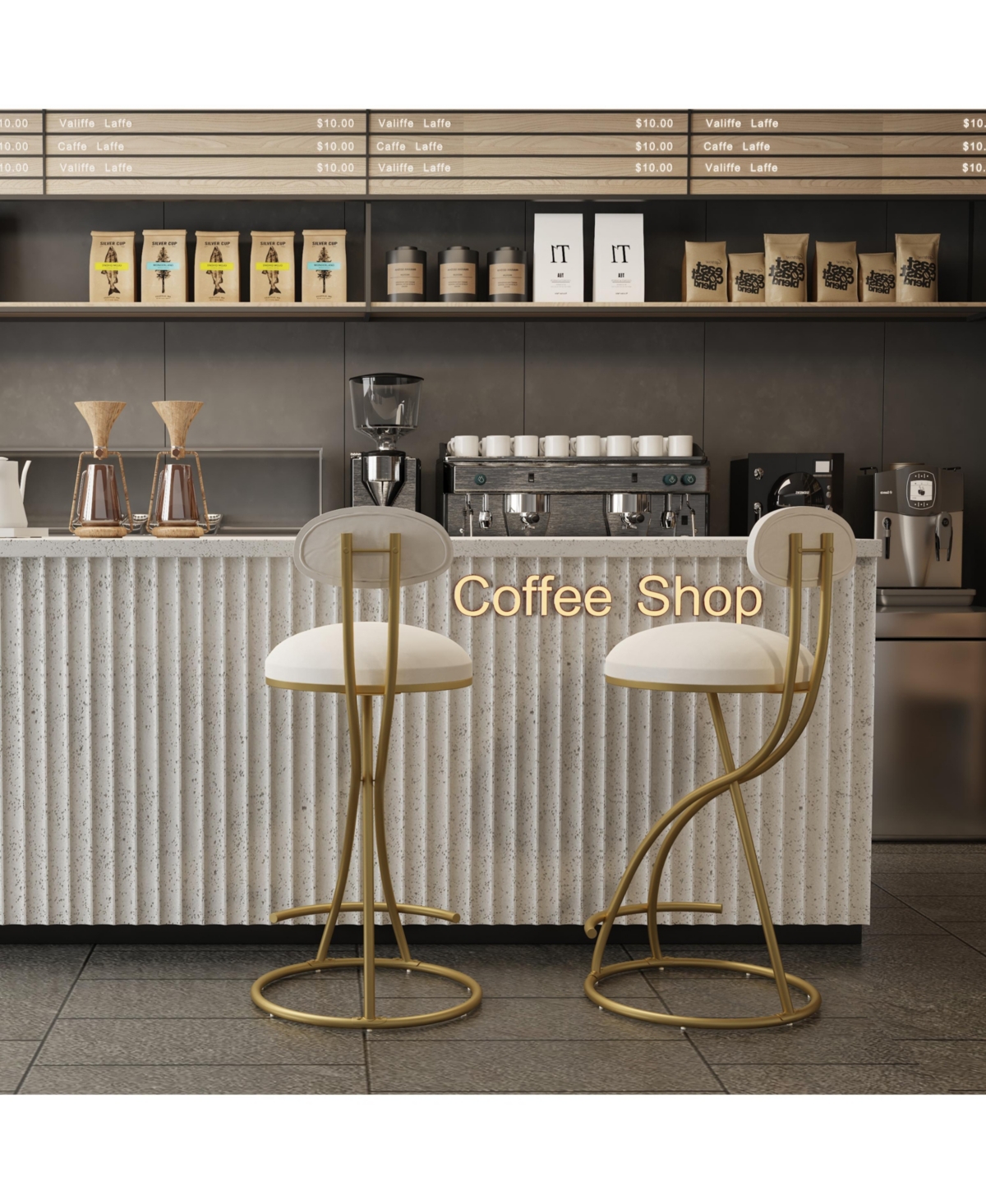 Streamdale Furniture Stylish and Comfortable Velvet Barstools with Anti-Slip Pads and Metal Frame - Gold+creamy white