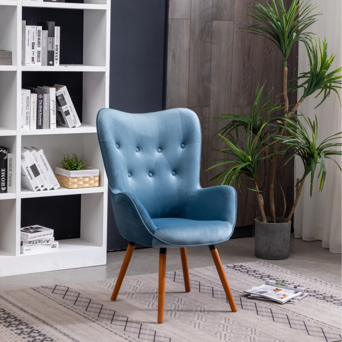 Simplie Fun Contemporary Silky Velvet Tufted Button Back Accent Chair, Blue