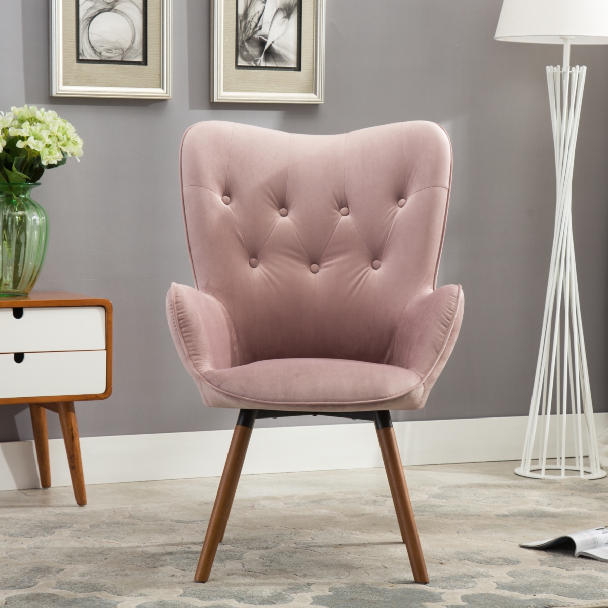 Simplie Fun Contemporary Silky Velvet Tufted Button Back Accent Chair, Mauve