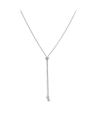 Minimalist CZ Geometric Round Ball Linear Lariat Tassel Y Slide Necklace Sterling Silver Adjustable