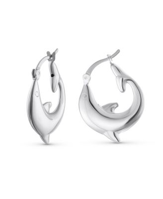 Hawaiian Nautical Vacation Honeymoon Ocean Marine Life Dolphin Hoop Earrings Gold Plated .925 Sterling Silver