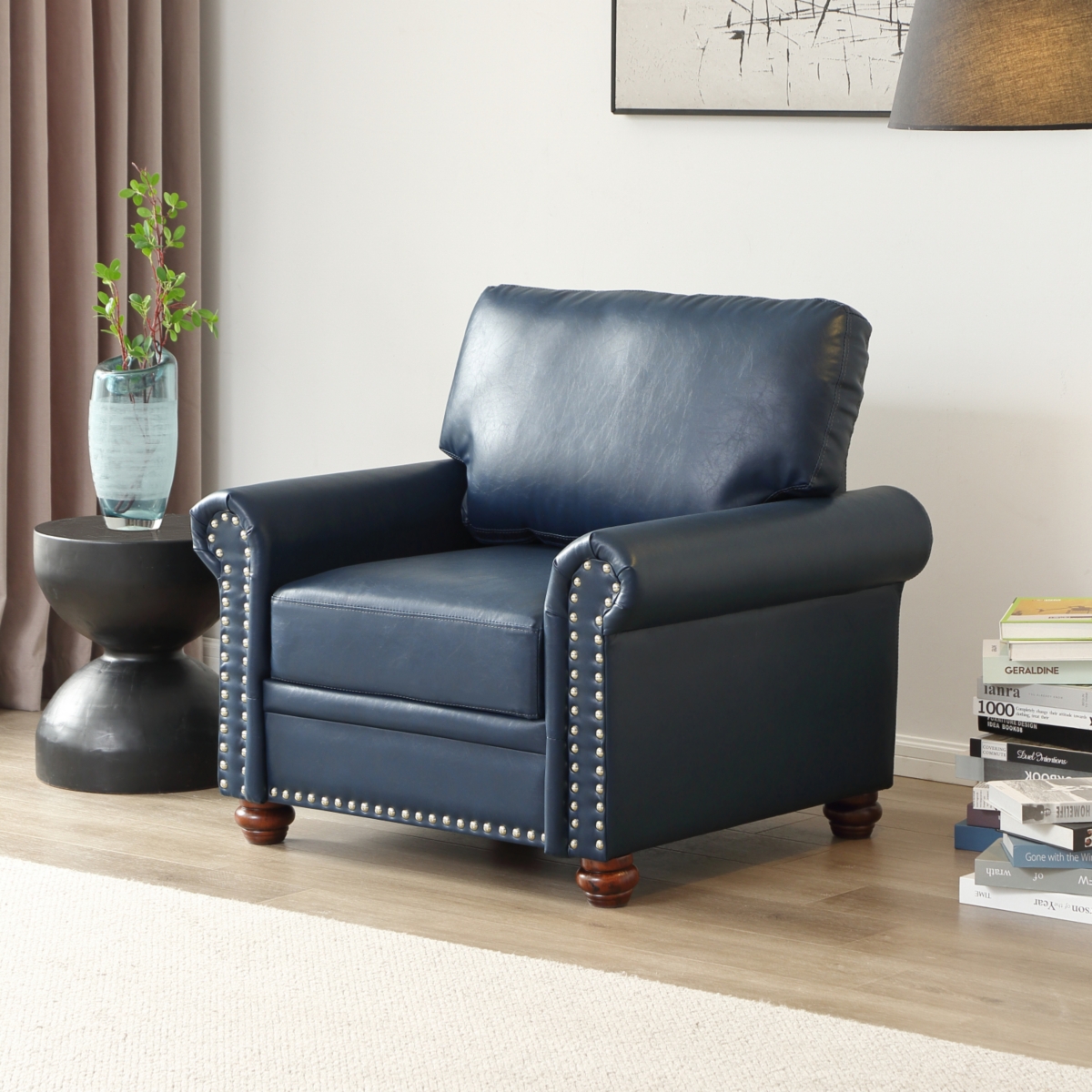 Streamdale Furniture Living Room Sofa Single Seat Chair with Wood Leg Navy Blue Faux Leather