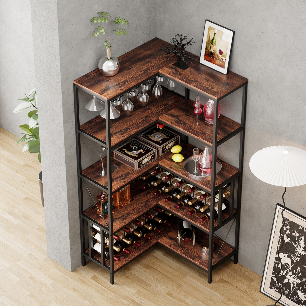 Streamdale Furniture Industrial Corner Wine Rack with Glass Holder and Ample Storage - Walnut+black