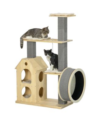 Modern Small Cat Tree W Scratchers Wheel Wooden Cat Tower