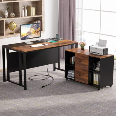 L-Shaped Computer Desk with Power Outlet and Drawer Cabinet, 55 inch Large Executive Office Desk with Lateral File Cabinet